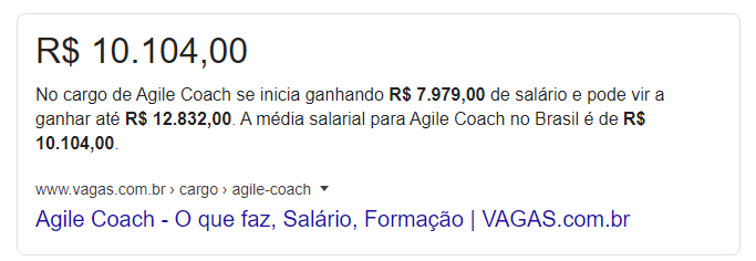 matéria com valor da remuneração para ágile coach, R$ 10104,00 de média salarial